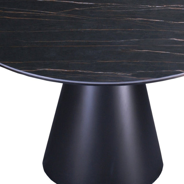 HomeRoots 47" Modern Black Ceramic Round Dining Table with Sturdy Metal Pedestal Base - Seats 6, Stylish Design 555188