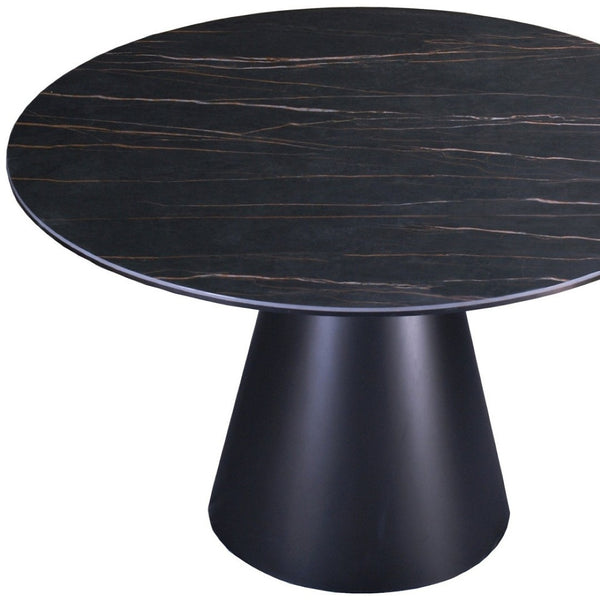 HomeRoots 47" Modern Black Ceramic Round Dining Table with Sturdy Metal Pedestal Base - Seats 6, Stylish Design 555188