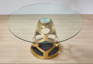 HomeRoots 48" Clear Glass and Gold Metal Pedestal Dining Table - Modern Glamour for Stylish Dining Spaces 555189
