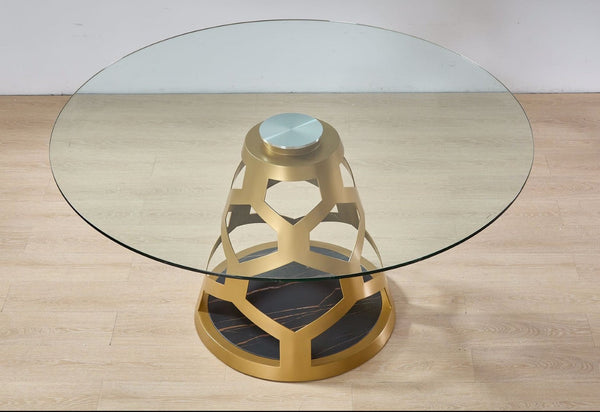 HomeRoots 48" Clear Glass and Gold Metal Pedestal Dining Table - Modern Glamour for Stylish Dining Spaces 555189