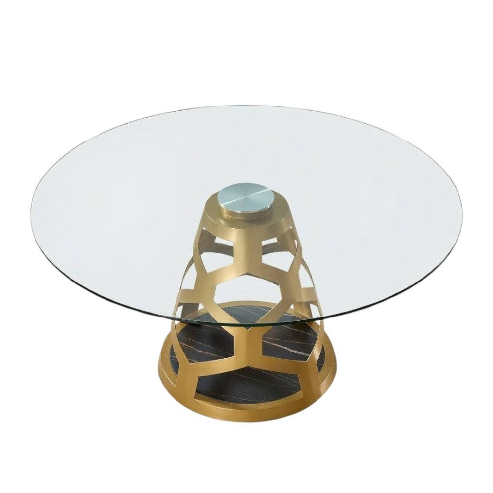 HomeRoots 48" Clear Glass and Gold Metal Pedestal Dining Table - Modern Glamour for Stylish Dining Spaces 555189