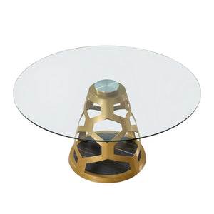 HomeRoots 48" Clear Glass and Gold Metal Pedestal Dining Table - Modern Glamour for Stylish Dining Spaces 555189