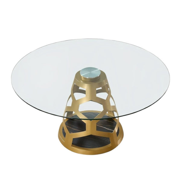 HomeRoots 48" Clear Glass and Gold Metal Pedestal Dining Table - Modern Glamour for Stylish Dining Spaces 555189