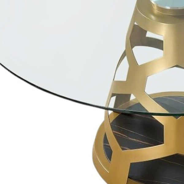 HomeRoots 48" Clear Glass and Gold Metal Pedestal Dining Table - Modern Glamour for Stylish Dining Spaces 555189
