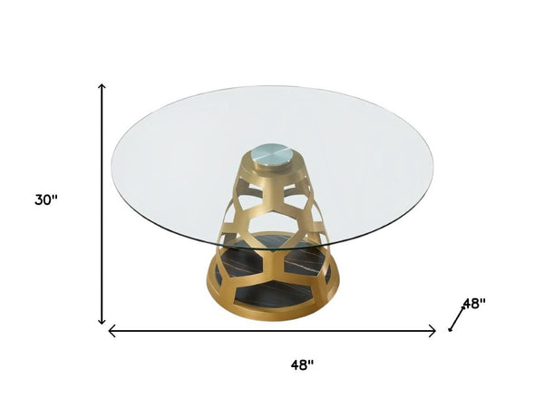 HomeRoots 48" Clear Glass and Gold Metal Pedestal Dining Table - Modern Glamour for Stylish Dining Spaces 555189