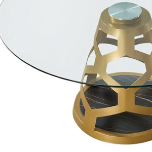 HomeRoots 48" Clear Glass and Gold Metal Pedestal Dining Table - Modern Glamour for Stylish Dining Spaces 555189