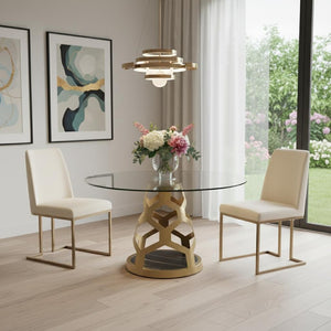 HomeRoots 48" Clear Glass and Gold Metal Pedestal Dining Table - Modern Glamour for Stylish Dining Spaces 555189
