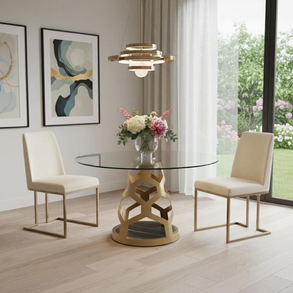 HomeRoots 48" Clear Glass and Gold Metal Pedestal Dining Table - Modern Glamour for Stylish Dining Spaces 555189