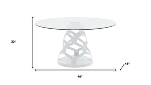HomeRoots 48" Modern Rounded Glass Dining Table with Stylish White Metal Base - Perfect for Entertaining! 555190