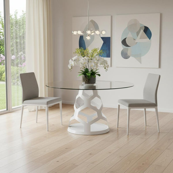 HomeRoots 48" Modern Rounded Glass Dining Table with Stylish White Metal Base - Perfect for Entertaining! 555190