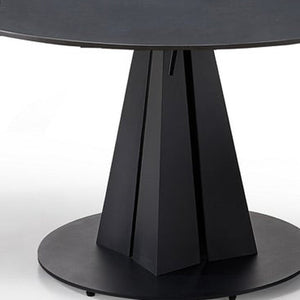 HomeRoots 51" Black Stone & Metal Round Extendable Dining Table with Self-Storing Leaf for Modern Spaces 555192