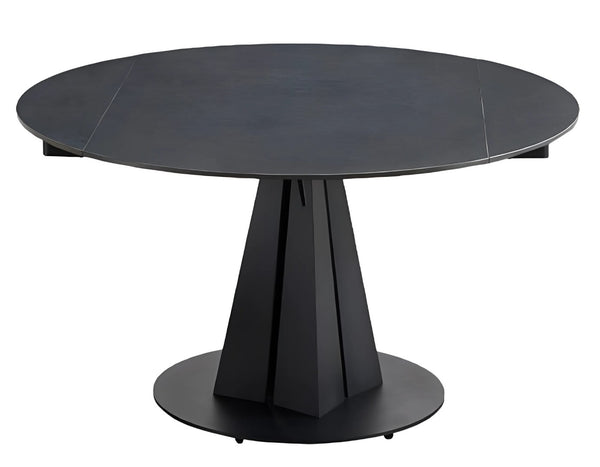 HomeRoots 51" Black Stone & Metal Round Extendable Dining Table with Self-Storing Leaf for Modern Spaces 555192