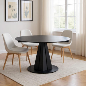 HomeRoots 51" Black Stone & Metal Round Extendable Dining Table with Self-Storing Leaf for Modern Spaces 555192