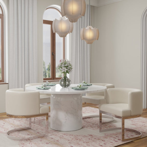 HomeRoots 60" Gray and White Marble Pedestal Dining Table - Modern Round Centerpiece for Stylish Homes 555193