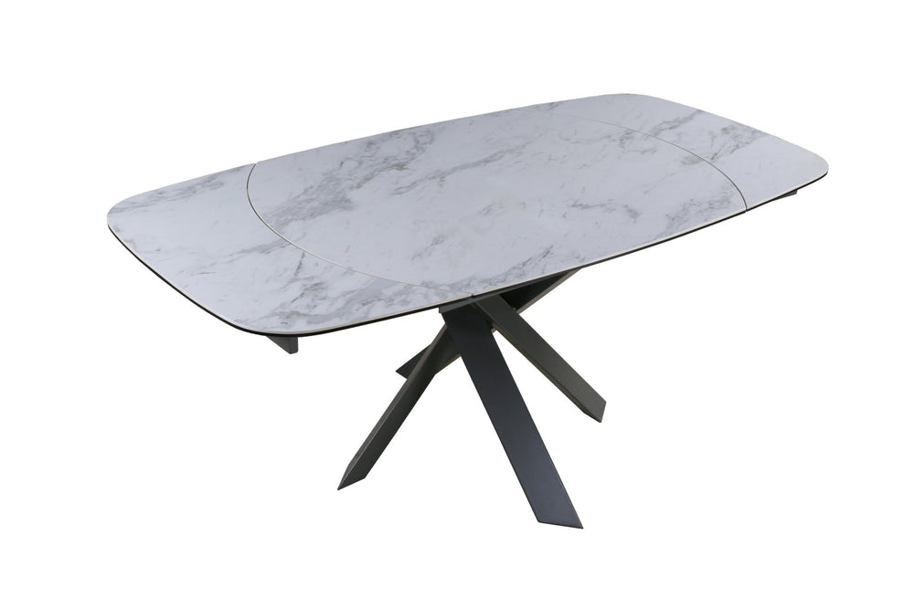 HomeRoots 47" Oval Extendable Dining Table with Gray and White Ceramic Top & Metal Cross-Leg Base for Versatility 555194