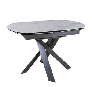 HomeRoots 47" Oval Extendable Dining Table with Gray and White Ceramic Top & Metal Cross-Leg Base for Versatility 555194