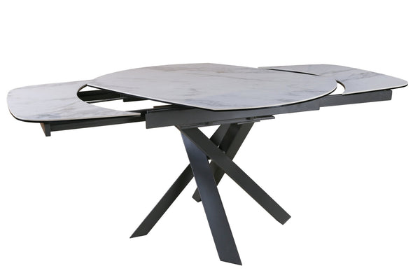 HomeRoots 47" Oval Extendable Dining Table with Gray and White Ceramic Top & Metal Cross-Leg Base for Versatility 555194