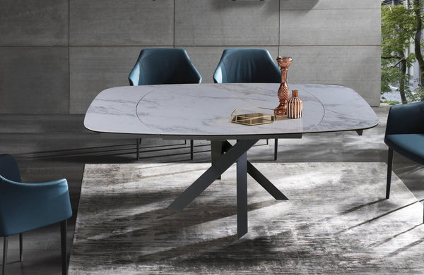HomeRoots 47" Oval Extendable Dining Table with Gray and White Ceramic Top & Metal Cross-Leg Base for Versatility 555194