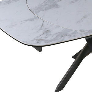 HomeRoots 47" Oval Extendable Dining Table with Gray and White Ceramic Top & Metal Cross-Leg Base for Versatility 555194
