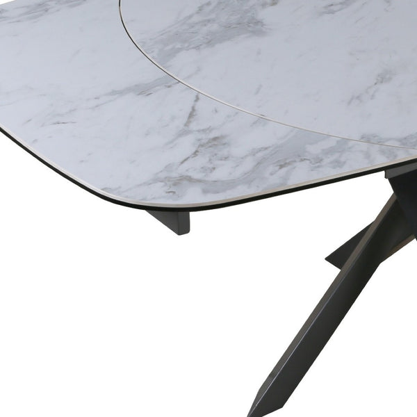 HomeRoots 47" Oval Extendable Dining Table with Gray and White Ceramic Top & Metal Cross-Leg Base for Versatility 555194