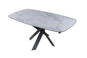 HomeRoots 47" Oval Extendable Dining Table with Gray and White Ceramic Top & Metal Cross-Leg Base for Versatility 555194