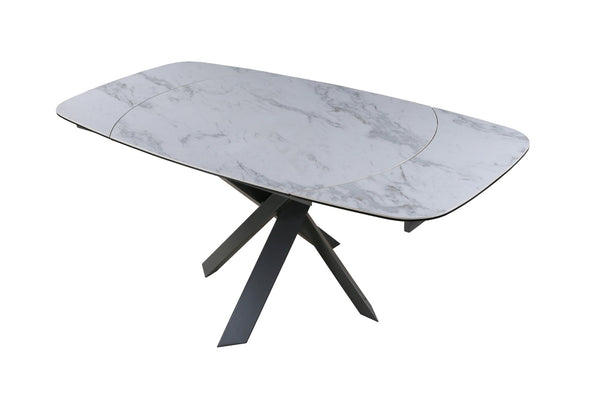 HomeRoots 47" Oval Extendable Dining Table with Gray and White Ceramic Top & Metal Cross-Leg Base for Versatility 555194