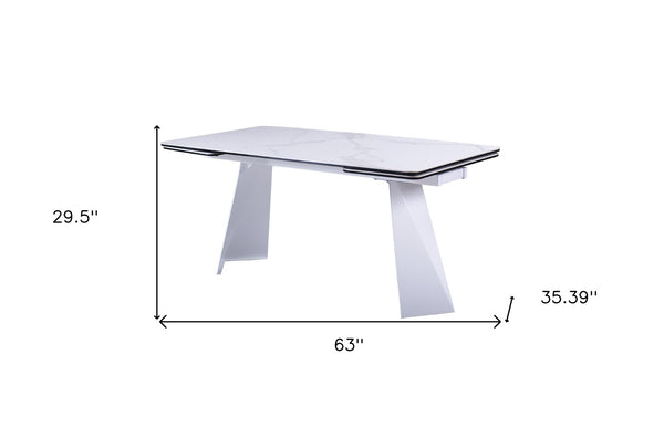 HomeRoots 63" White Ceramic Dining Table with Metal Base - Extendable & Elegant for Modern Gatherings! 555195