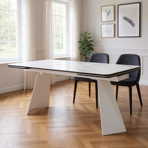 HomeRoots 63" White Ceramic Dining Table with Metal Base - Extendable & Elegant for Modern Gatherings! 555195