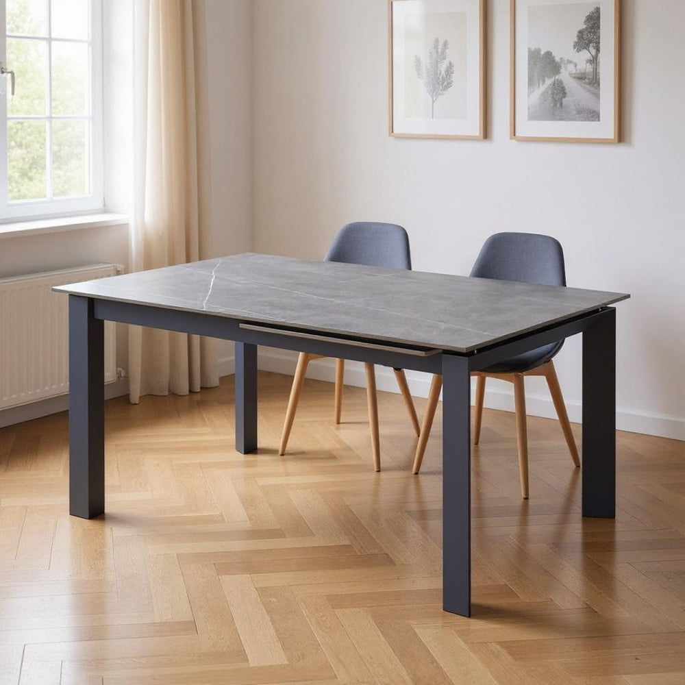 HomeRoots 55" Gray Ceramic and Metal Extendable Dining Table - Stylish, Versatile, Ideal for Modern Spaces 555196