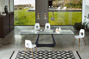 HomeRoots 71" Modern Glass and Metal Extendable Dining Table with Self-Storing Leaf for Stylish Gatherings 555200