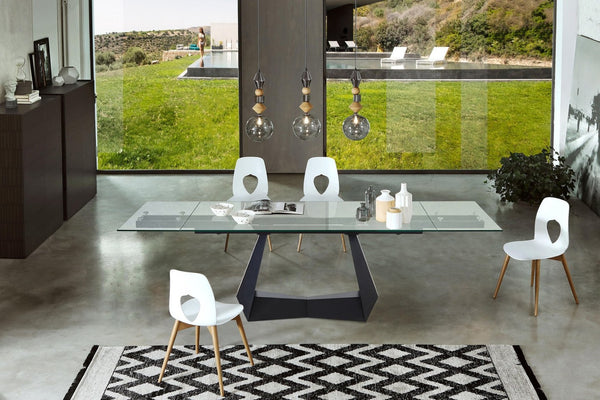 HomeRoots 71" Modern Glass and Metal Extendable Dining Table with Self-Storing Leaf for Stylish Gatherings 555200