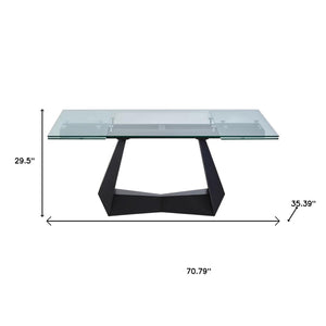 HomeRoots 71" Modern Glass and Metal Extendable Dining Table with Self-Storing Leaf for Stylish Gatherings 555200