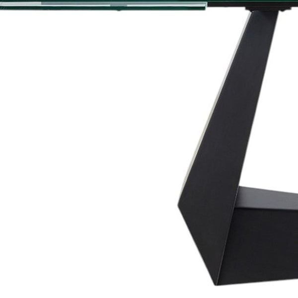 HomeRoots 71" Modern Glass and Metal Extendable Dining Table with Self-Storing Leaf for Stylish Gatherings 555200