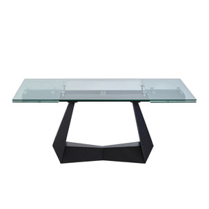 HomeRoots 71" Modern Glass and Metal Extendable Dining Table with Self-Storing Leaf for Stylish Gatherings 555200