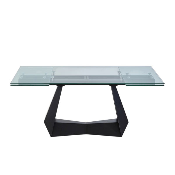 HomeRoots 71" Modern Glass and Metal Extendable Dining Table with Self-Storing Leaf for Stylish Gatherings 555200