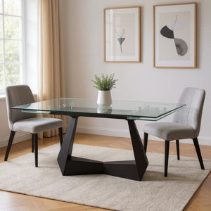 HomeRoots 71" Modern Glass and Metal Extendable Dining Table with Self-Storing Leaf for Stylish Gatherings 555200