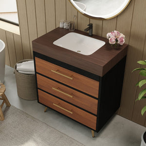 English Elm Modern Freestanding Vanity with Ceramic Vessel Sink and Gold Leg Sintered Stone Top W3136S00051