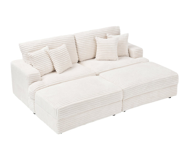 English Elm 82-Inch Beige Corduroy Sofa With 2 Storage Footrests & 4 Pillows - Perfect For Stylish Living Spaces! W1658S00116