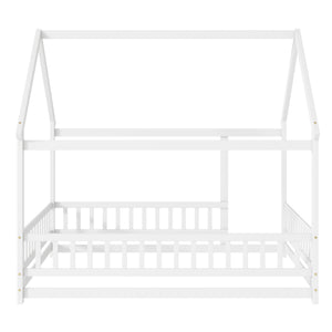 English Elm Full Size House Floor Bed With Roof Frame & Safety Guardrails - Cozy, Imaginative Retreat For Kids W504P286408