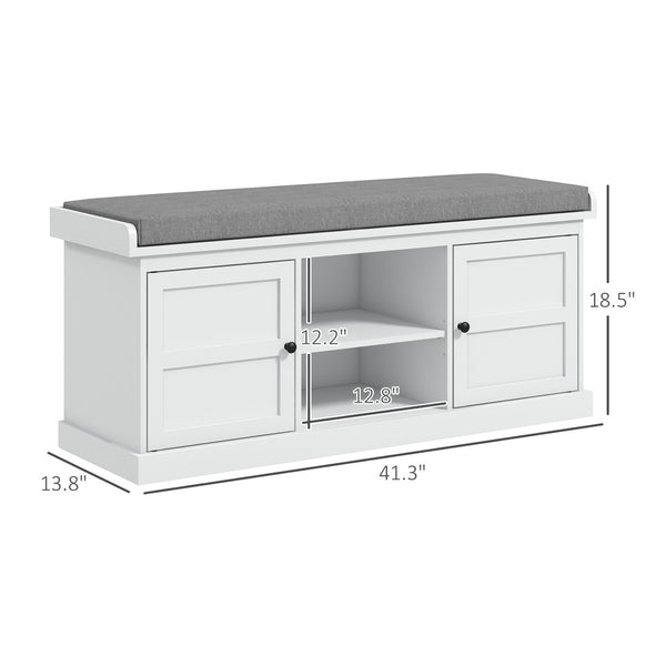 English Elm Entryway Storage Bench with Linen Cushion Enclosed Cabinets and Open Shoe Shelf T3971P430876
