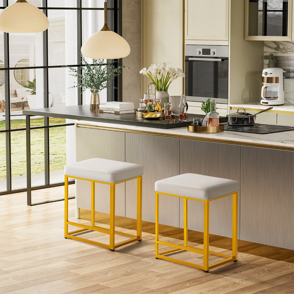 Homeroots Set Of Two 24" White Faux Leather & Gold Metal Backless Bar Chairs For Stylish Dining Spaces   555304