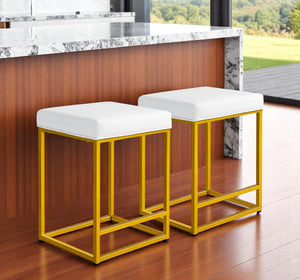 Homeroots Set Of Two 24" White Faux Leather & Gold Metal Backless Bar Chairs For Stylish Dining Spaces   555304