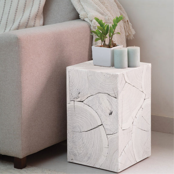 HomeRoots 20" Whitewash Solid Wood Block End Table - Handmade Rustic Charm for Modern Coastal & Farmhouse Decor 555313