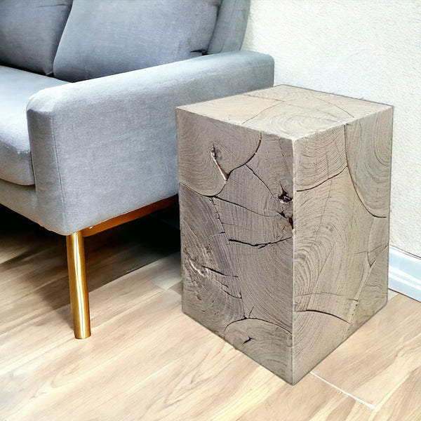 Homeroots 20" Whitewash Solid Wood Block Handmade Square End Table   555313