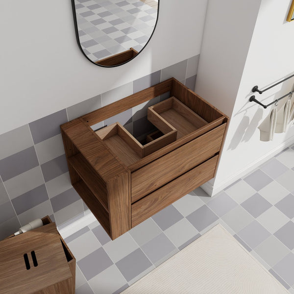 English Elm 30" Wall Mounting Bathroom Vanity Cabinet with Adjustable Side Shelf, Soft-Close 2/3 Drawers, Water-Resistant Plywood Brown Oak W999P193006