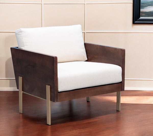 Homeroots 31" White Brown And Gold Top Grain Leather Arm Chair   555319