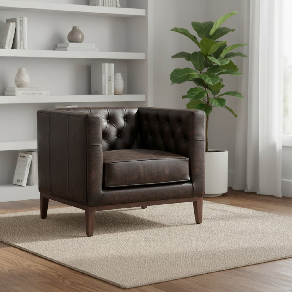 HomeRoots 33" Luxurious Brown and Black Antiqued Top-Grain Leather Club Chair with Timeless Tufted Design 555320