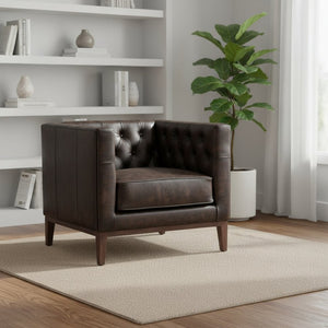HomeRoots 33" Luxurious Brown and Black Antiqued Top-Grain Leather Club Chair with Timeless Tufted Design 555320