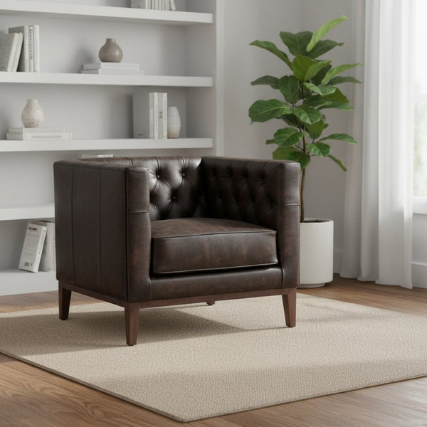 HomeRoots 33" Luxurious Brown and Black Antiqued Top-Grain Leather Club Chair with Timeless Tufted Design 555320