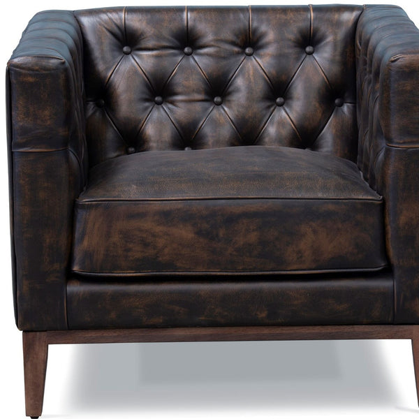 Homeroots 33" Brown And Black Antiqued Top Grain Leather Tufted Club Chair   555320